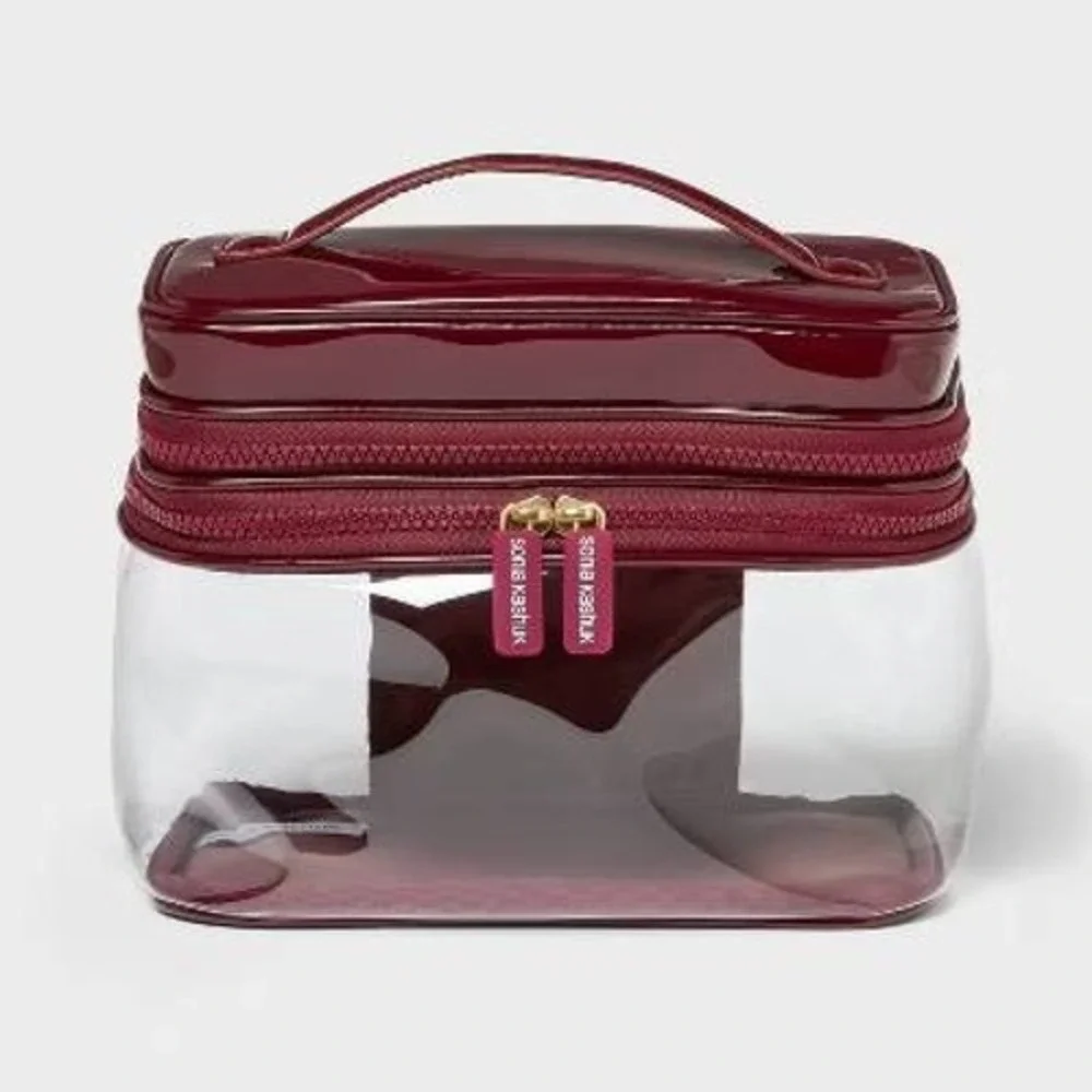 Sonia Kashuk Makeup Bag Women OS Burgundy Clear Travel Cosmetic Case NWT